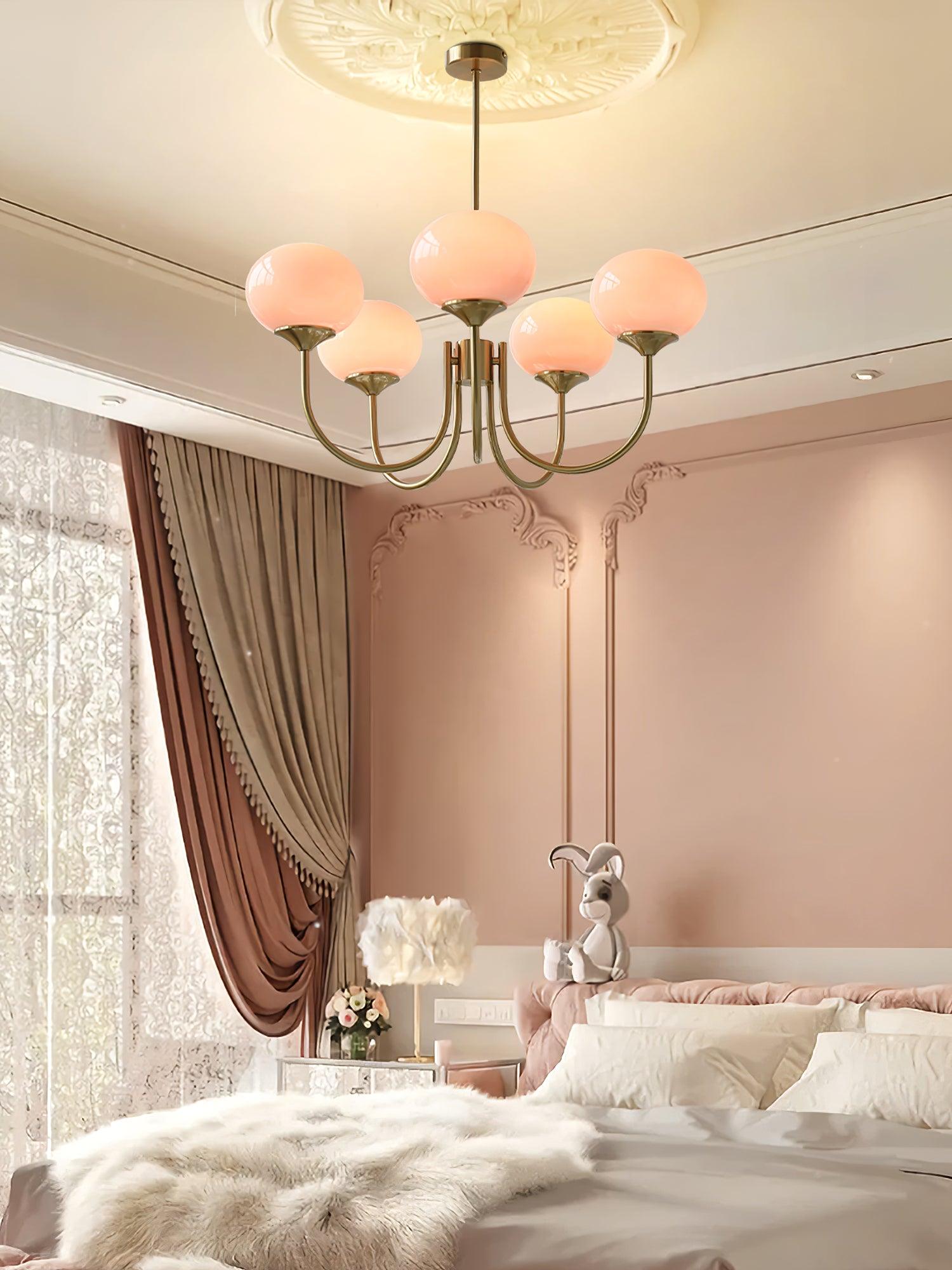 Elegant Gold Ceiling Light with Pink Glass Shades – Modern Glamour Chandelier for Living Room or Bedroom Décor