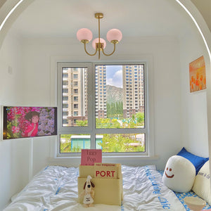 Elegant Gold Ceiling Light with Pink Glass Shades – Modern Glamour Chandelier