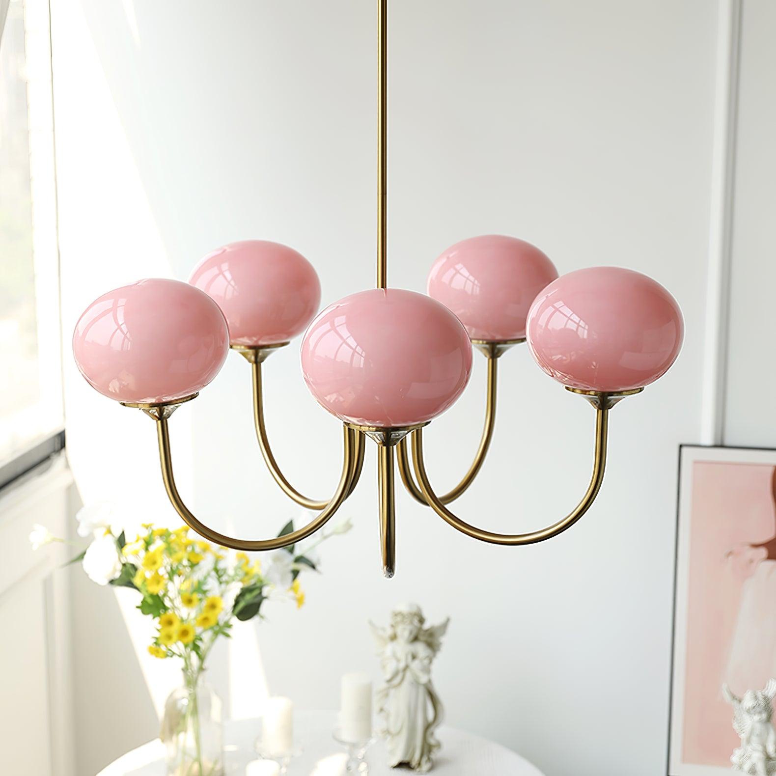 Elegant Gold Ceiling Light with Pink Glass Shades – Modern Glamour Chandelier for Living Room or Bedroom Décor