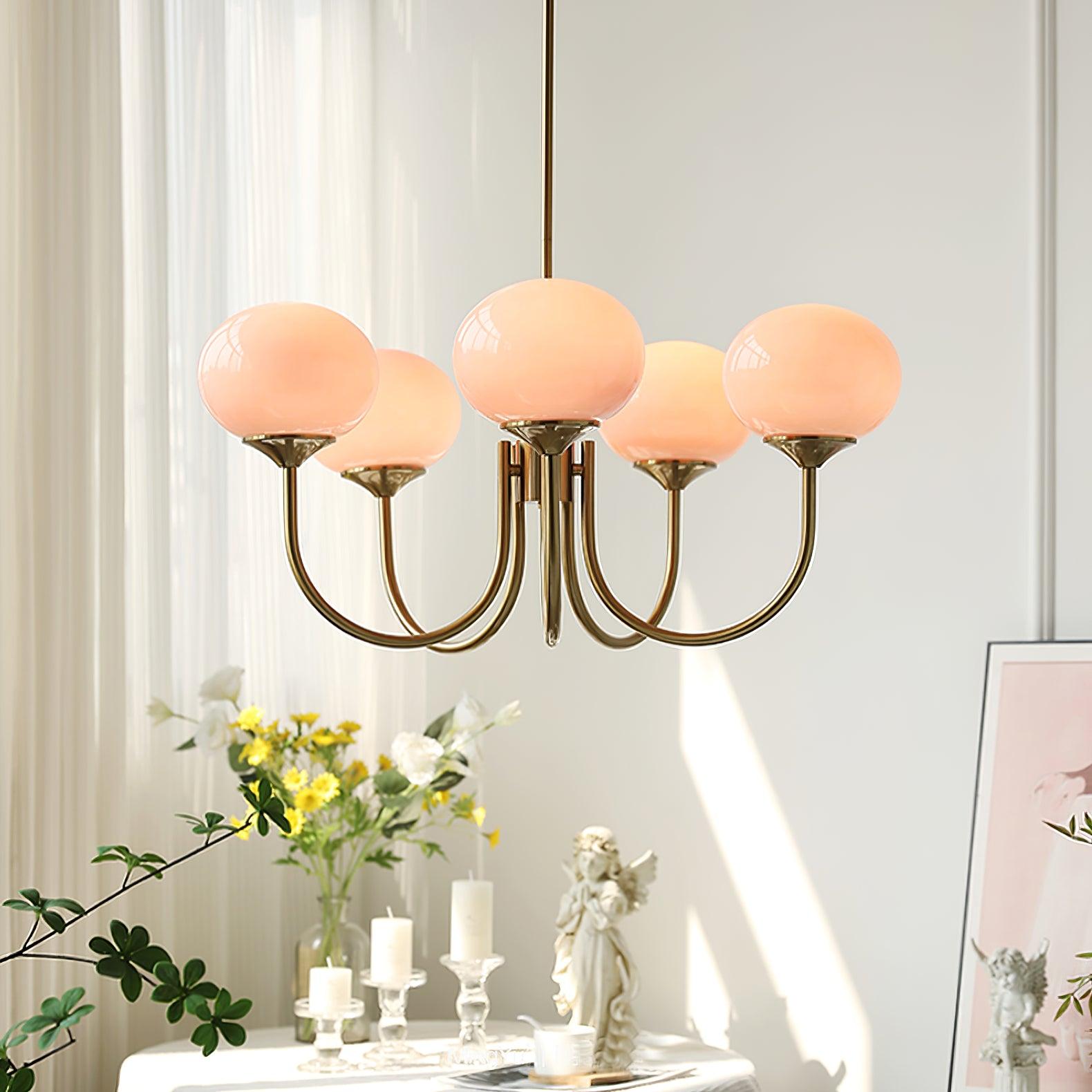 Elegant Gold Ceiling Light with Pink Glass Shades – Modern Glamour Chandelier for Living Room or Bedroom Décor