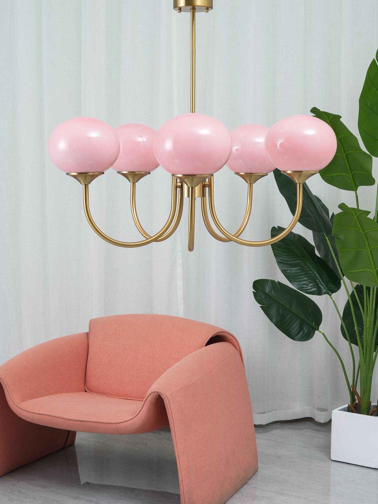 Elegant Gold Ceiling Light with Pink Glass Shades – Modern Glamour Chandelier for Living Room or Bedroom Décor