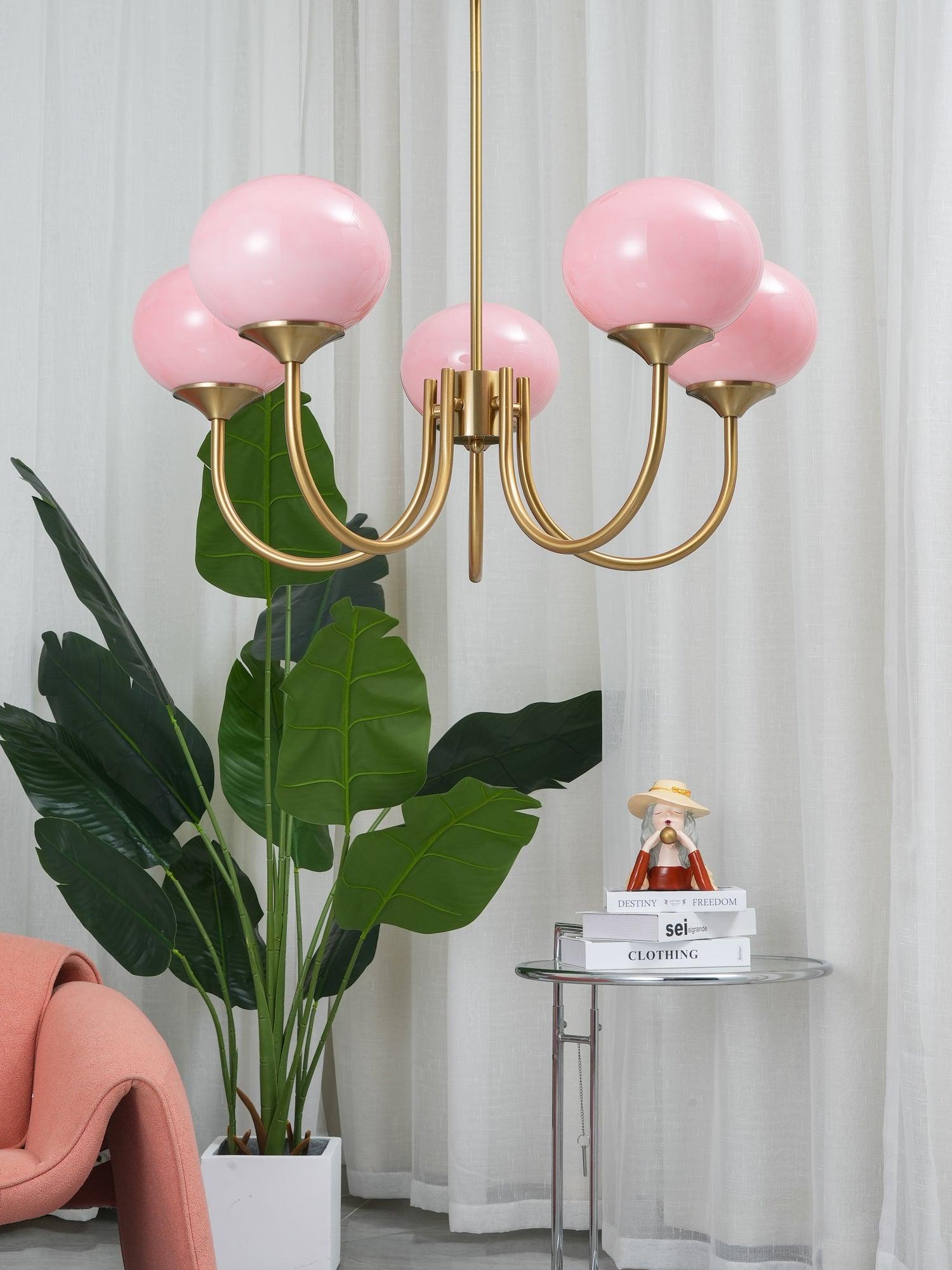 Elegant Gold Ceiling Light with Pink Glass Shades – Modern Glamour Chandelier for Living Room or Bedroom Décor