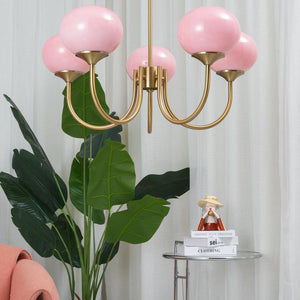 Elegant Gold Ceiling Light with Pink Glass Shades – Modern Glamour Chandelier