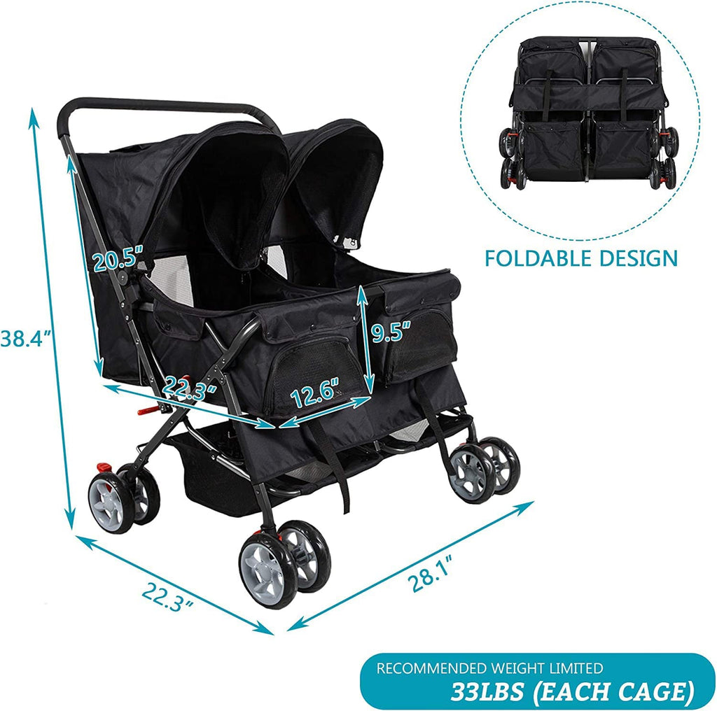 Dog Stroller Twin Folding Dog Cat Carrier Travel Cart, Black - MOSKBITE
