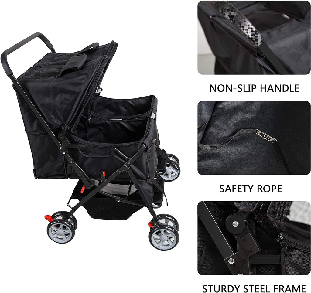 Dog Stroller Twin Folding Dog Cat Carrier Travel Cart, Black - MOSKBITE