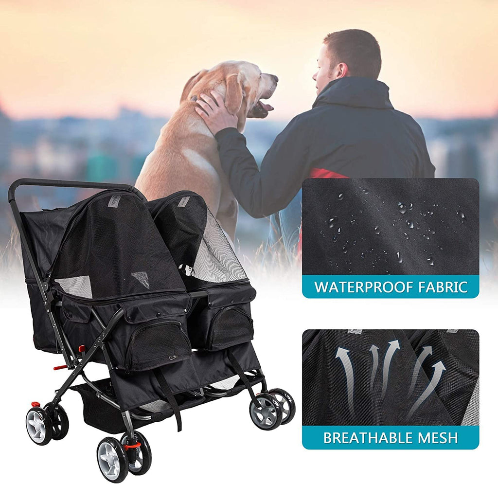 Dog Stroller Twin Folding Dog Cat Carrier Travel Cart, Black - MOSKBITE