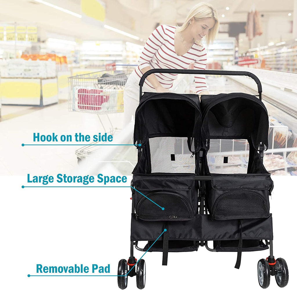 Dog Stroller Twin Folding Dog Cat Carrier Travel Cart, Black - MOSKBITE