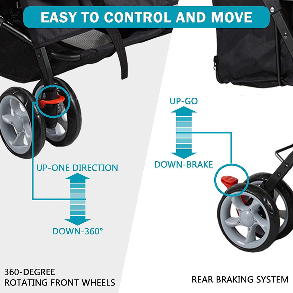 Dog Stroller Twin Folding Dog Cat Carrier Travel Cart, Black - MOSKBITE