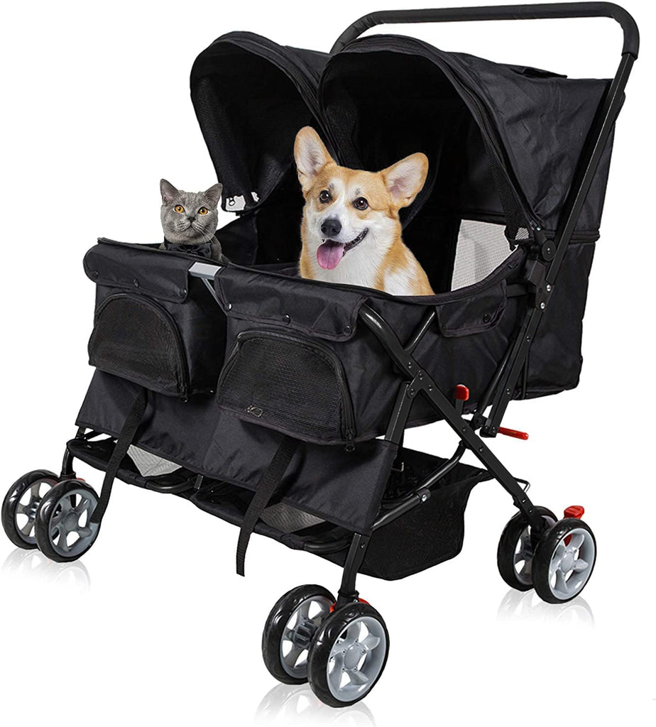 Dog Stroller Twin Folding Dog Cat Carrier Travel Cart, Black - MOSKBITE