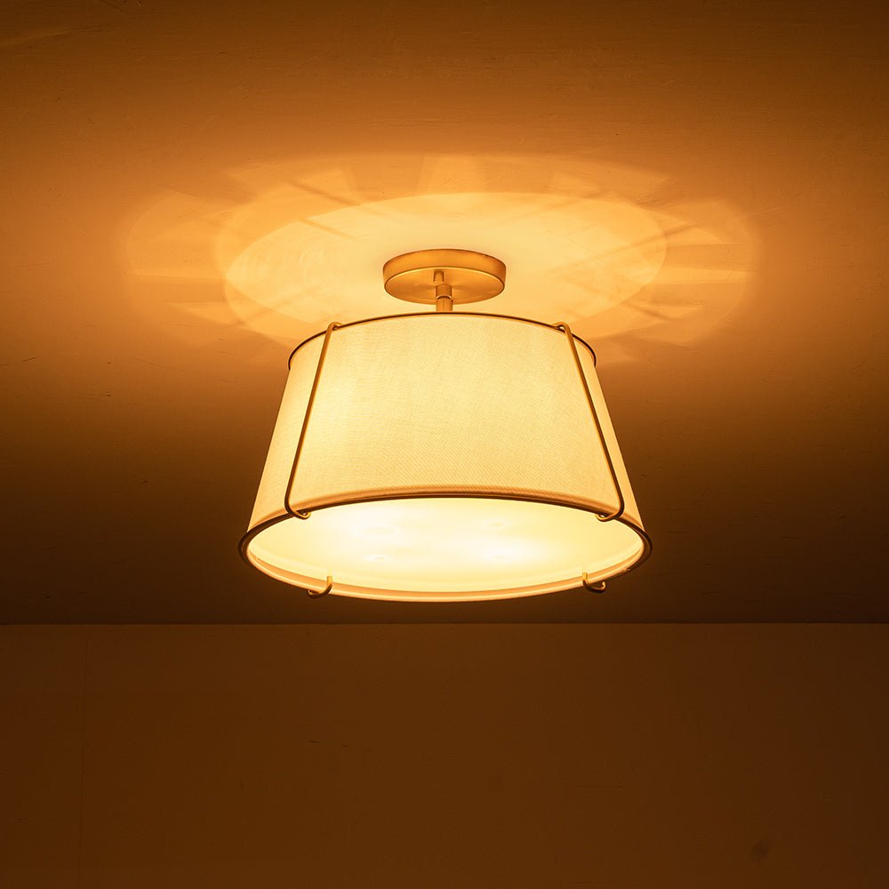 Classic Linen Drum Ceiling Lamp – Semi-Flush Mount with Brass Detail
