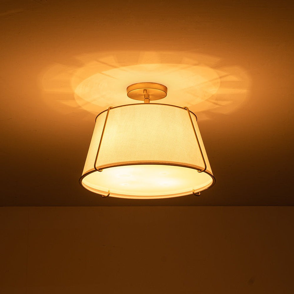 Classic Linen Drum Ceiling Lamp – Semi-Flush Mount with Brass Detail