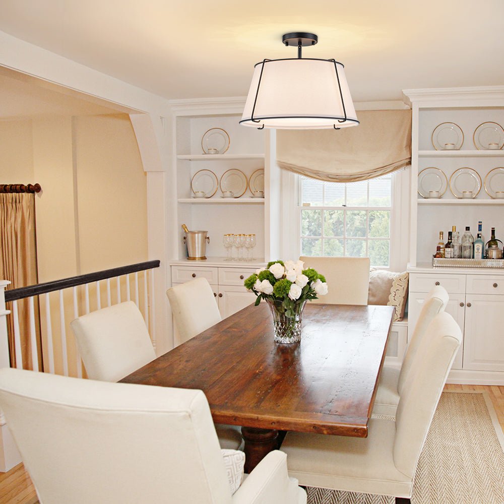 Classic Linen Drum Ceiling Lamp – Semi-Flush Mount with Brass Detail