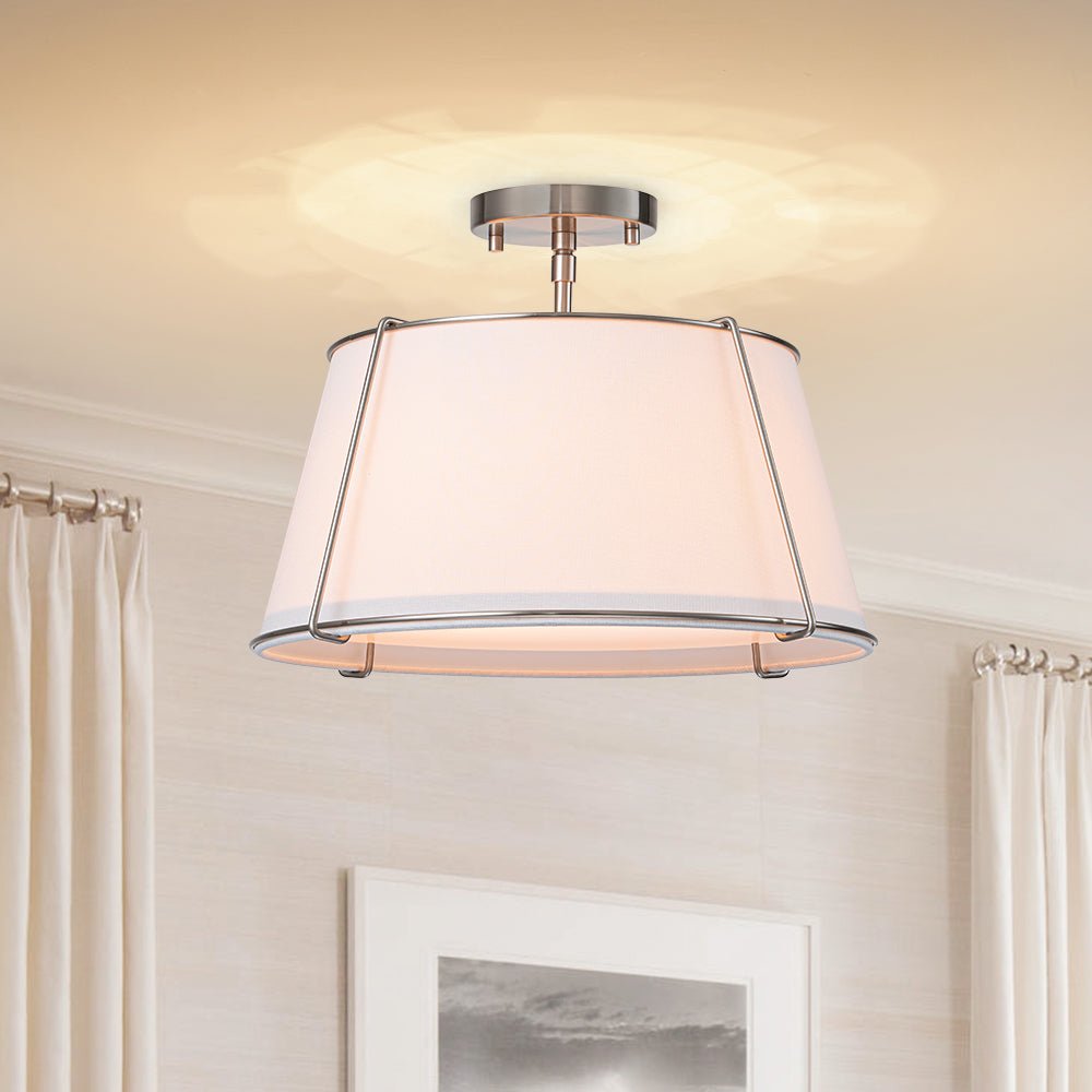 Classic Linen Drum Ceiling Lamp – Semi-Flush Mount with Brass Detail