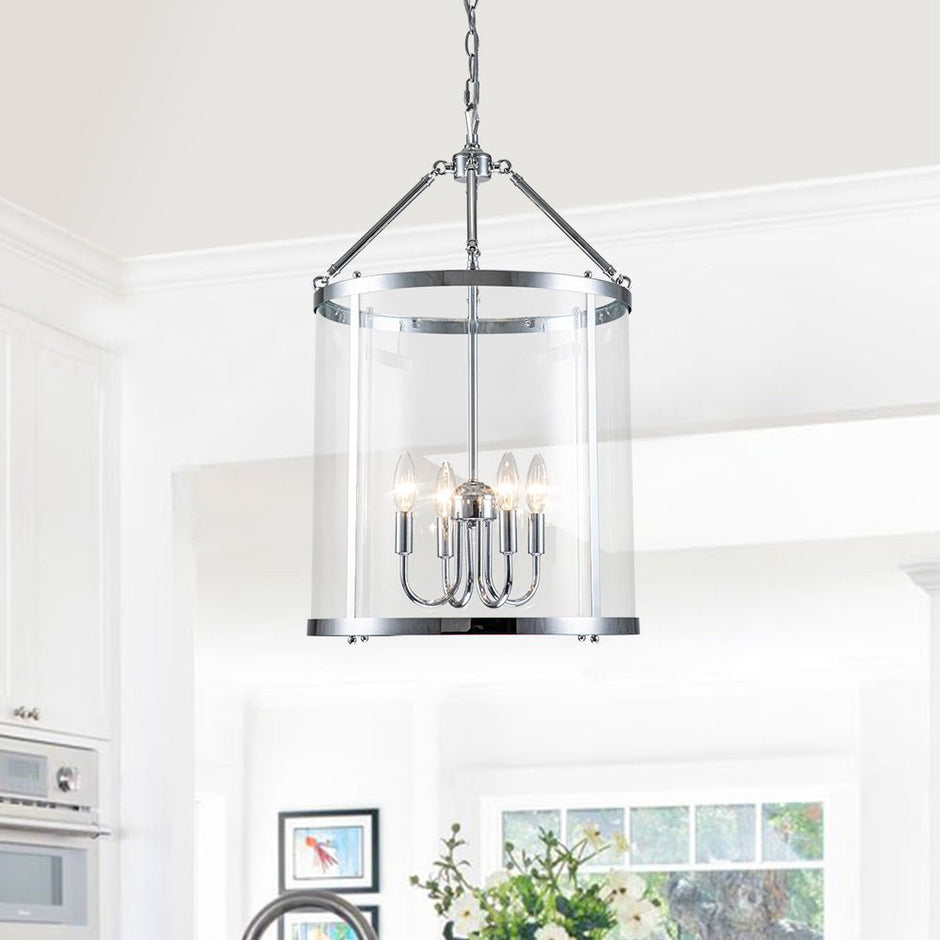 Elegant 4-Light Glass Lantern Pendant – Dimmable Hanging Ceiling Light