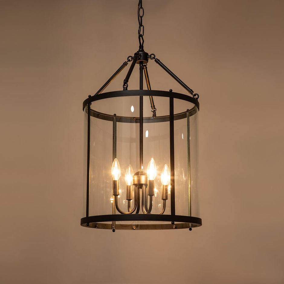 Elegant 4-Light Glass Lantern Pendant – Dimmable Hanging Ceiling Light