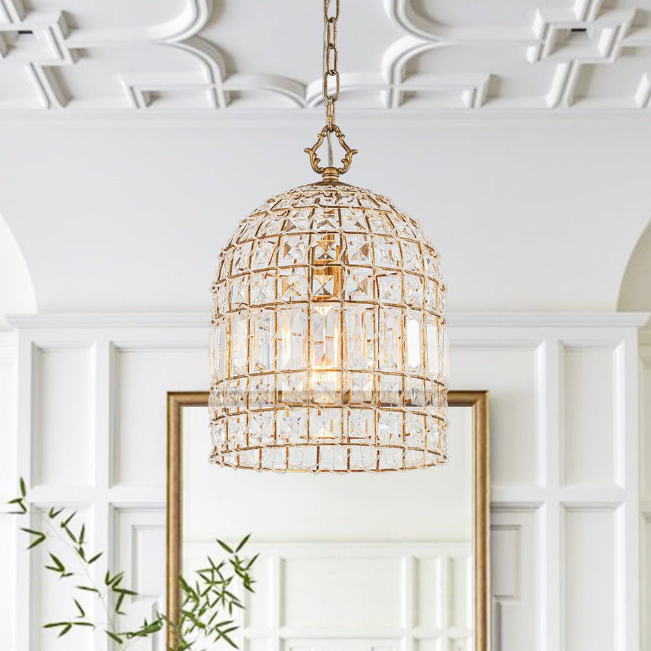 Vintage Crystal Birdcage Pendant Light – Antique Bronze Hanging Fixture