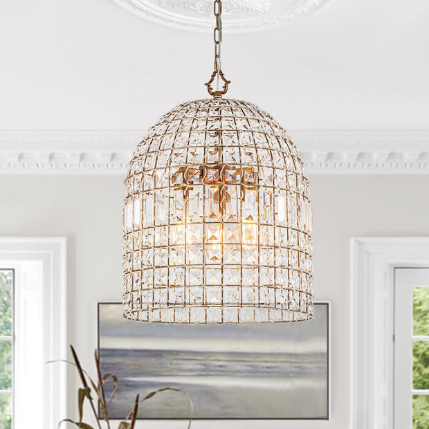 Vintage Crystal Birdcage Pendant Light – Antique Bronze Hanging Fixture