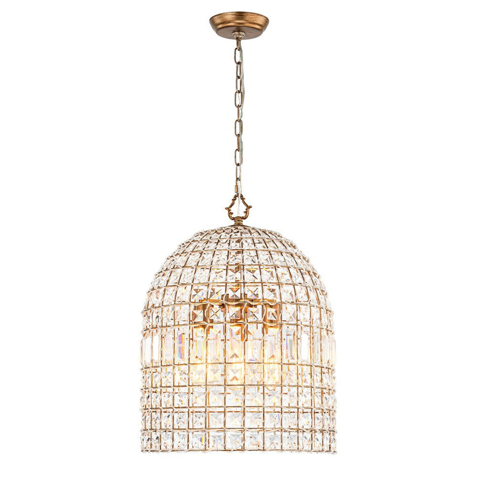 Vintage Crystal Birdcage Pendant Light – Antique Bronze Hanging Fixture