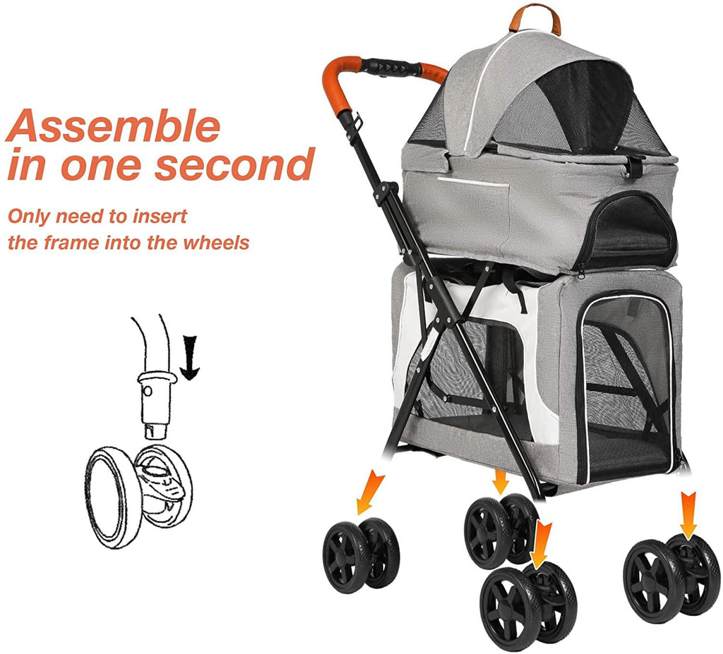 Pushchair Dog Stroller Double Decker Dog Stroller, Gray - MOSKBITE