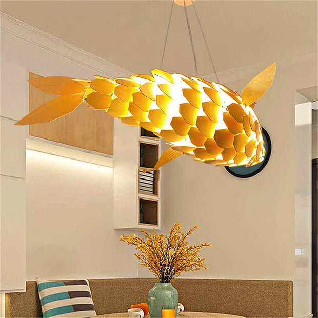 Rustic Wood Fish-Shaped Ceiling Pendant Light Handmade Restaurant Chandelier
