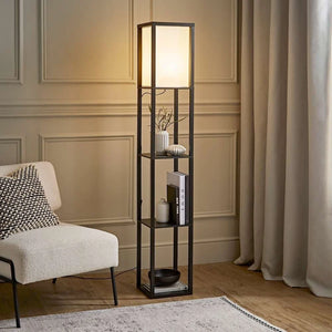 Floor Lamp with Shelf Storage Wooden Standing Living Room Tall Light