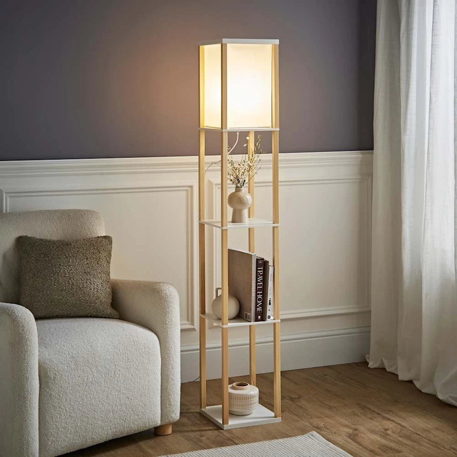 Floor Lamp with Shelf Storage Wooden Standing Living Room Tall Light