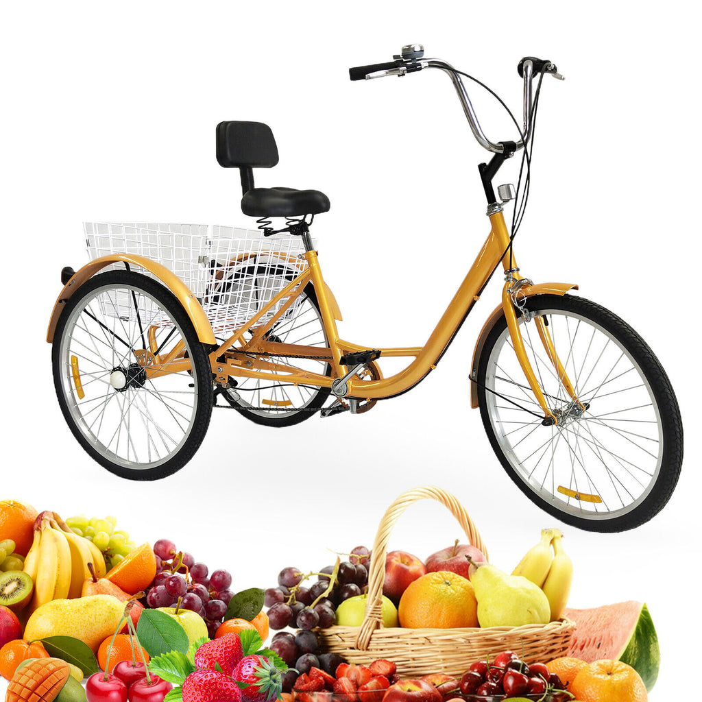 Yellow adult tricycle with 6 speeds and basket.jpg