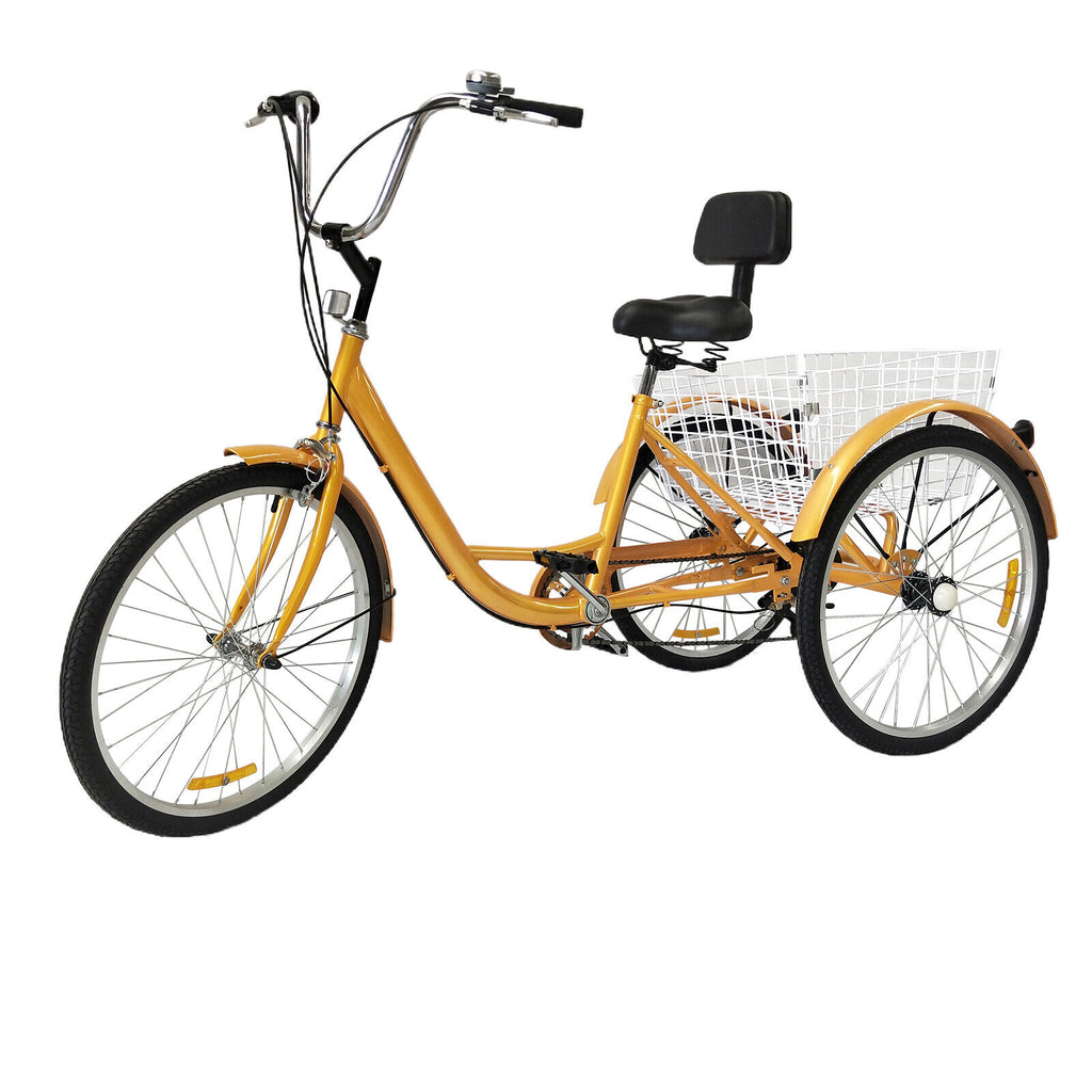 Yellow adult tricycle with 6 speeds and basket.jpg
